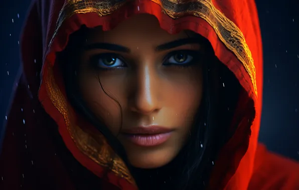 Look, face, black background, shawl, Cape, charm, digital art, digital art