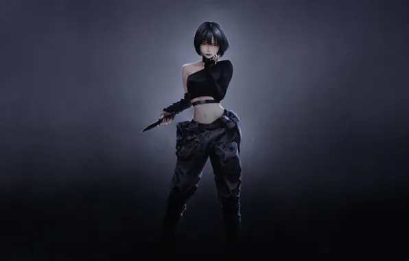 Girl, style, art, lucid, asian, knife, Illustration, Minimalism