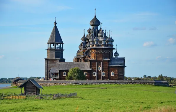 Landscape, lake, island, Church, Russia, dome, Karelia, Kizhi Pogost