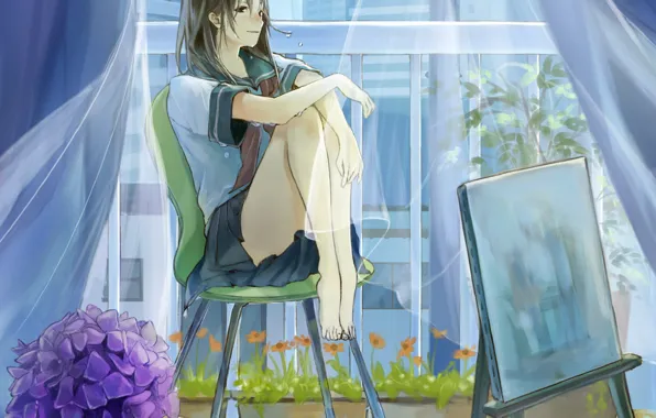 Wet, barefoot, curtains, schoolgirl, in the room, on the chair, hydrangea, easel