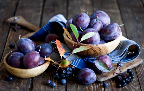 Autumn, leaves, berries, dishes, Board, fruit, still life, plum