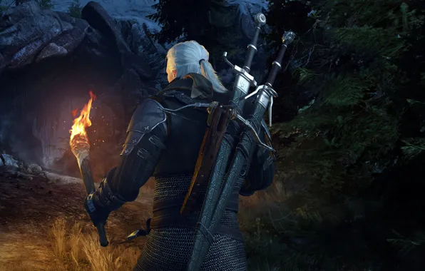 Picture torch, cave, swords, the Witcher, rpg, Geralt, crossbow, the wild hunt