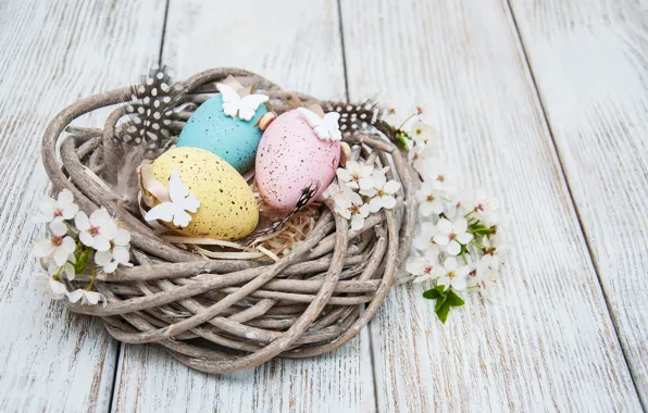 Flowers, eggs, spring, colorful, Easter, happy, wood, blossom
