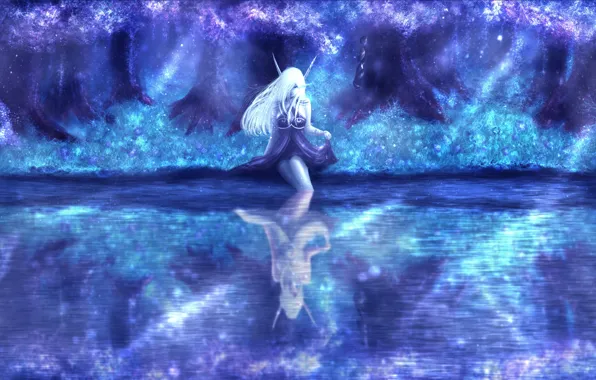 Water, girl, night, nature, elf, fantasy, Warcraft, Night Elf