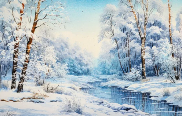 Picture canvas, picture, snow, AI art, winter, nature, painting, trees
