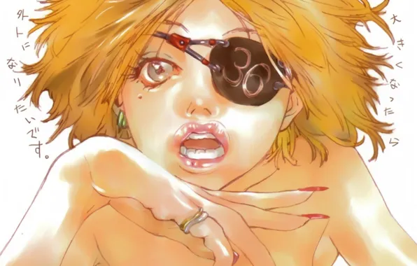 Teeth, headband, nails, art, disheveled hair, Takeshi Okazaki, Platonic chain, face