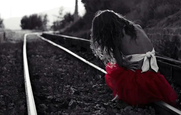 Girl, mood, railroad