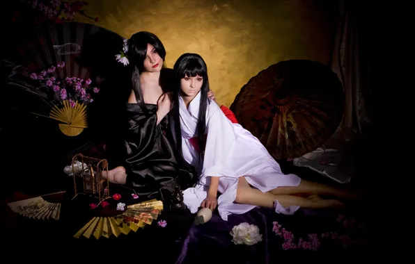 Picture flowers, Girls, umbrella, fan, kimono, red eyes, cosplay