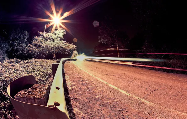 Road, trees, night, lights, photo, background, Wallpaper, track