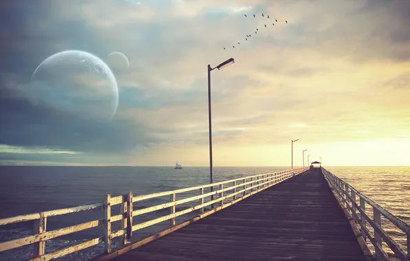 Sea, the sky, clouds, landscape, birds, bridge, nature, river