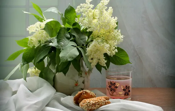 Bouquet, still life, cakes, compote, elder