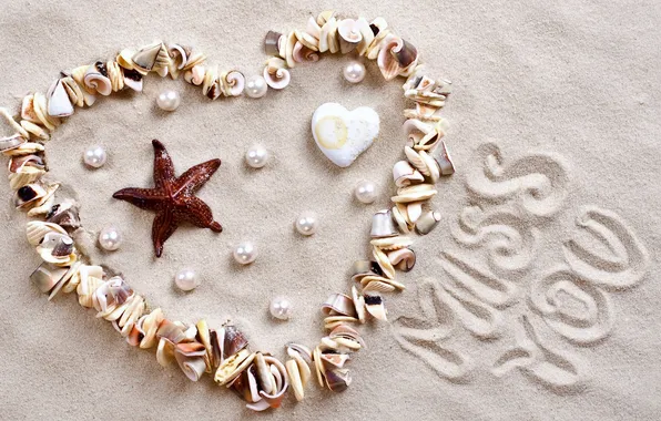 Sand, shell, heart, beads, Valentine's Day