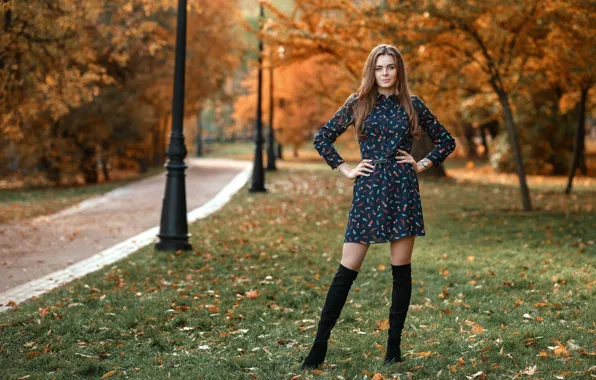 Autumn, girl, trees, Park, dress, legs, boots, Sergei Vasiliev