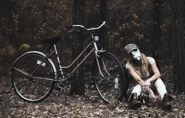 Picture girl, bike, gas mask