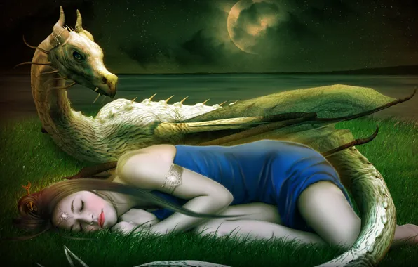Picture girl, stars, decoration, face, fiction, the moon, dragon, sleep