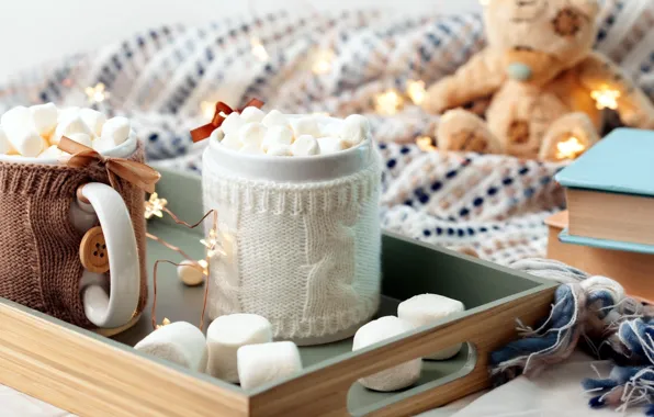 Scarf, sweets, book, decor, hot chocolate, marshmallows