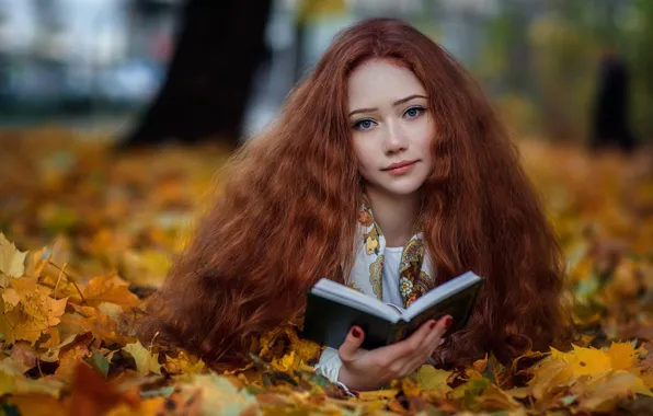 Picture autumn, look, leaves, mood, foliage, book, red, redhead
