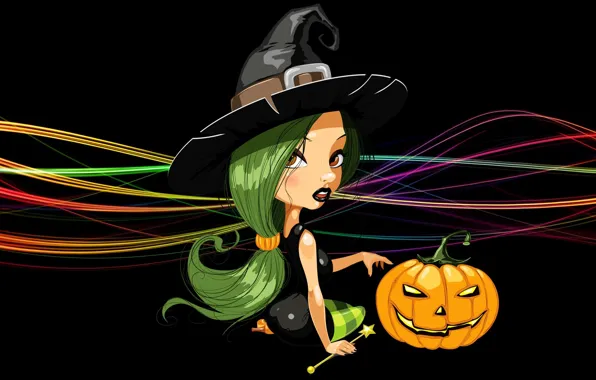 Picture line, hat, pumpkin, witch, black background, sitting, green hair, Happy Halloween