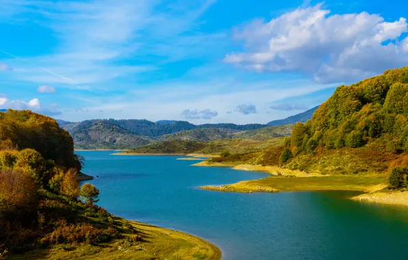 Autumn, forest, lake, hills