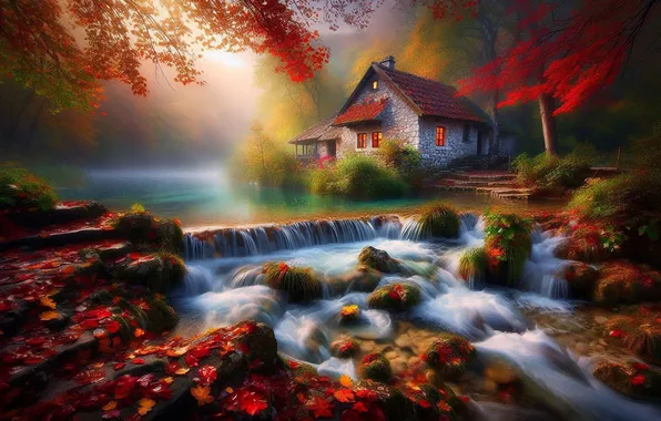 Autumn, forest, trees, nature, waterfall, house, AI art