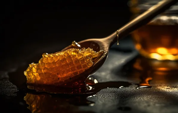 Drops, table, cell, honey, spoon, Bank, black background, honey