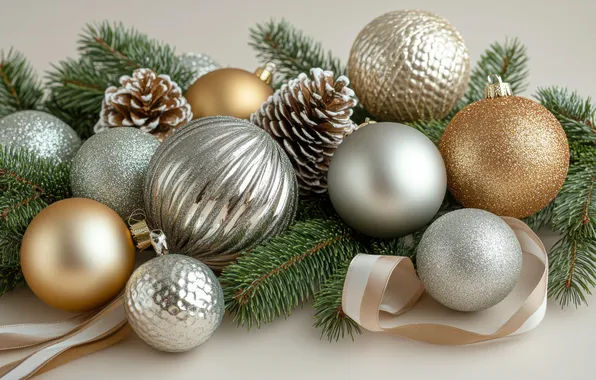 Balls, branches, Christmas, tape, New year, gold plated, needles, light background