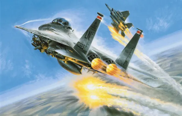 Picture war, art, painting, aviation, McDonnell Douglas F-15 Eagle, jet, air combat