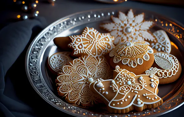 Snowflakes, the dark background, pattern, towel, lights, cookies, plate, Christmas
