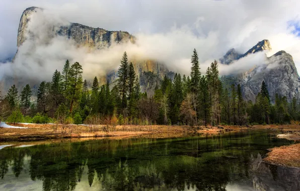Picture clouds, trees, landscape, mountains, nature, reflection, CA, USA