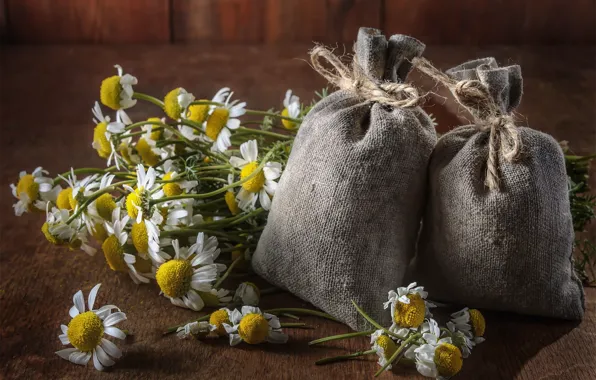 Flowers, table, tea, chamomile, still life, welding, a bunch, bags