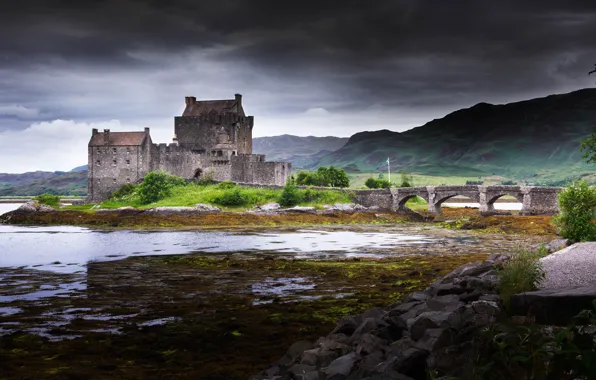 Picture summer, the sky, mountains, clouds, bridge, lake, river, stones
