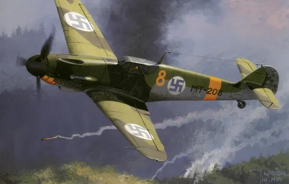 The sky, figure, fighter, art, WW2, Me-109, The Finnish air force