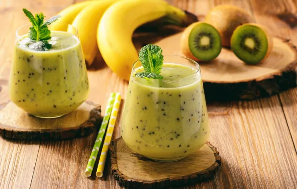 Picture glass, kiwi, bananas, fruit, wood, smoothies