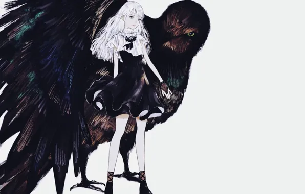 Girl, grey background, white hair, black dress, mitts, black Raven