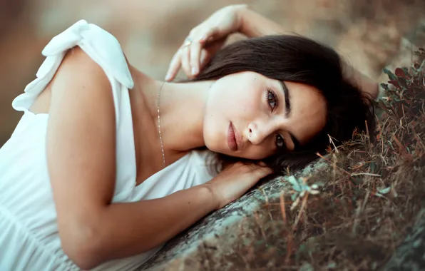Grass, look, girl, nature, pose, stones, rocks, portrait
