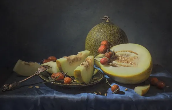 Table, fruit, plate, briar, plug, still life, slices, tablecloth