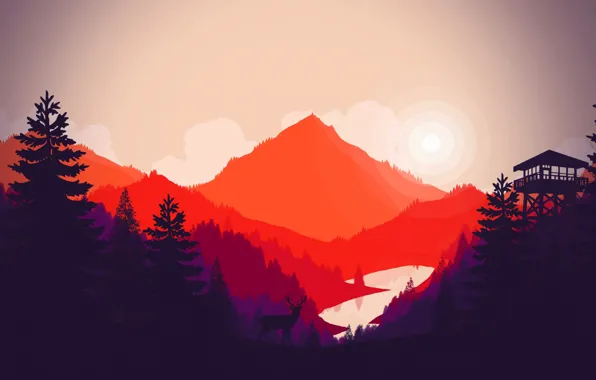 Picture trees, mountains, lake, vector, deer, silhouette, tower
