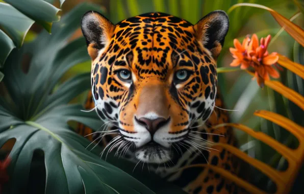 Look, face, leaves, jungle, Jaguar, monstera, AI art, neural network