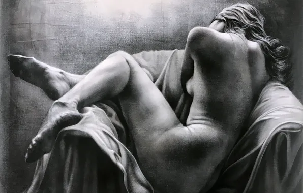 Girl, Chair, Picture, Black and white, Naked, Spanish artist, Juan Antonio, Juan Antonio
