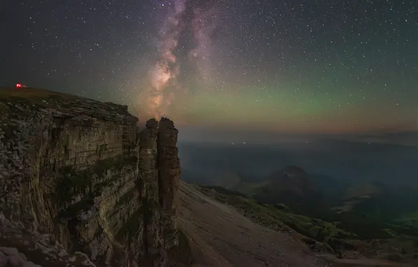 Stars, night, galaxy, gorge, mountain landscape, Kudashkina Ksenia, Two monks