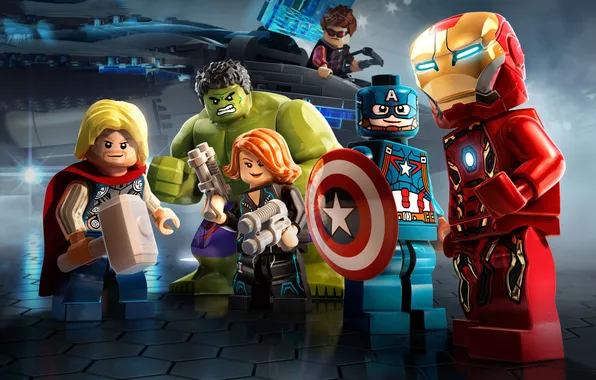 Guns, hammer, costume, helmet, shield, lego, iron man, Hulk