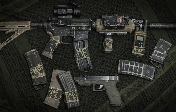 Weapons, carabiner, Glock 26, assault rifle, radio