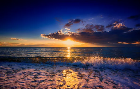 Sea, the sky, the sun, landscape, sunset, clouds, wave, surf
