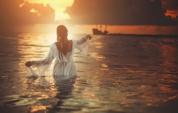 Girl, clouds, ship, in the water, surreal