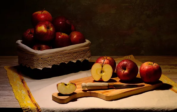 Light, the dark background, table, apples, towel, knife, still life, box
