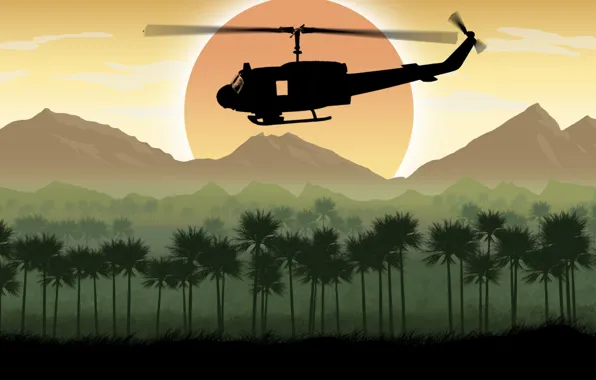Picture the sun, trees, mountains, art, helicopter, UH-1 Huey