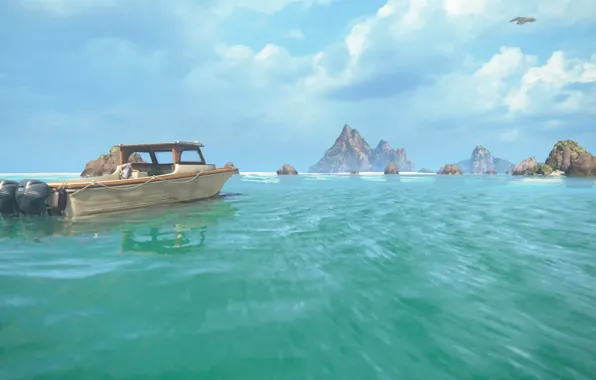 Sea, boat, island, Nathan Drake, Nathan Drake, Uncharted 4