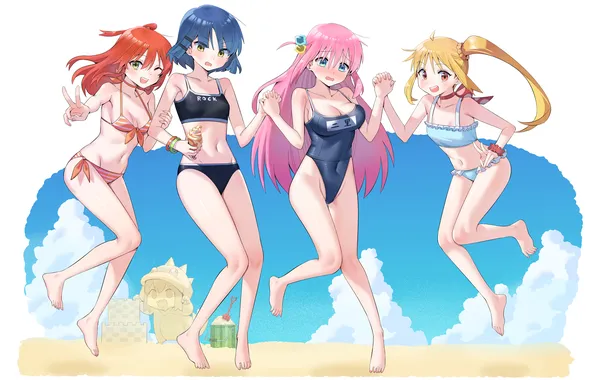 Sexy, cleavage, beach, pink hair, red hair, green eyes, long hair, legs