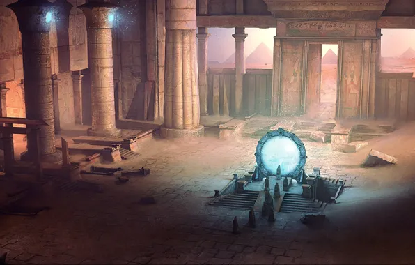Sand, people, Stargate, art, columns, temple, pyramid, ruins