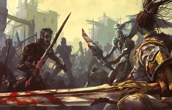 Picture the city, weapons, blood, sword, war, art, ruins, battle